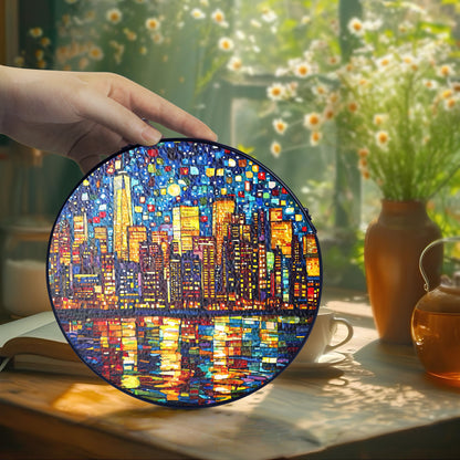 Netecom City Nightscape Stained Glass Ornament – Custom Urban Sun Catcher, Night City Lights Home Decor