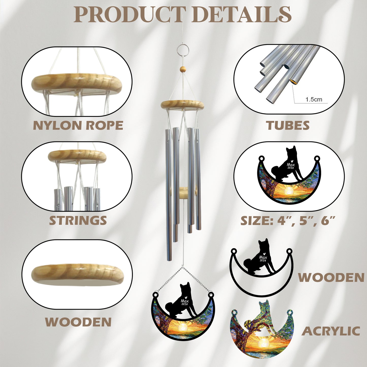 Netecom Personalized Akita Dog Memorial Wind Chimes with Suncatcher, Pet Loss Sympathy Gift, Remembrance Keepsake for Dog Lovers, Outdoor Garden Decor