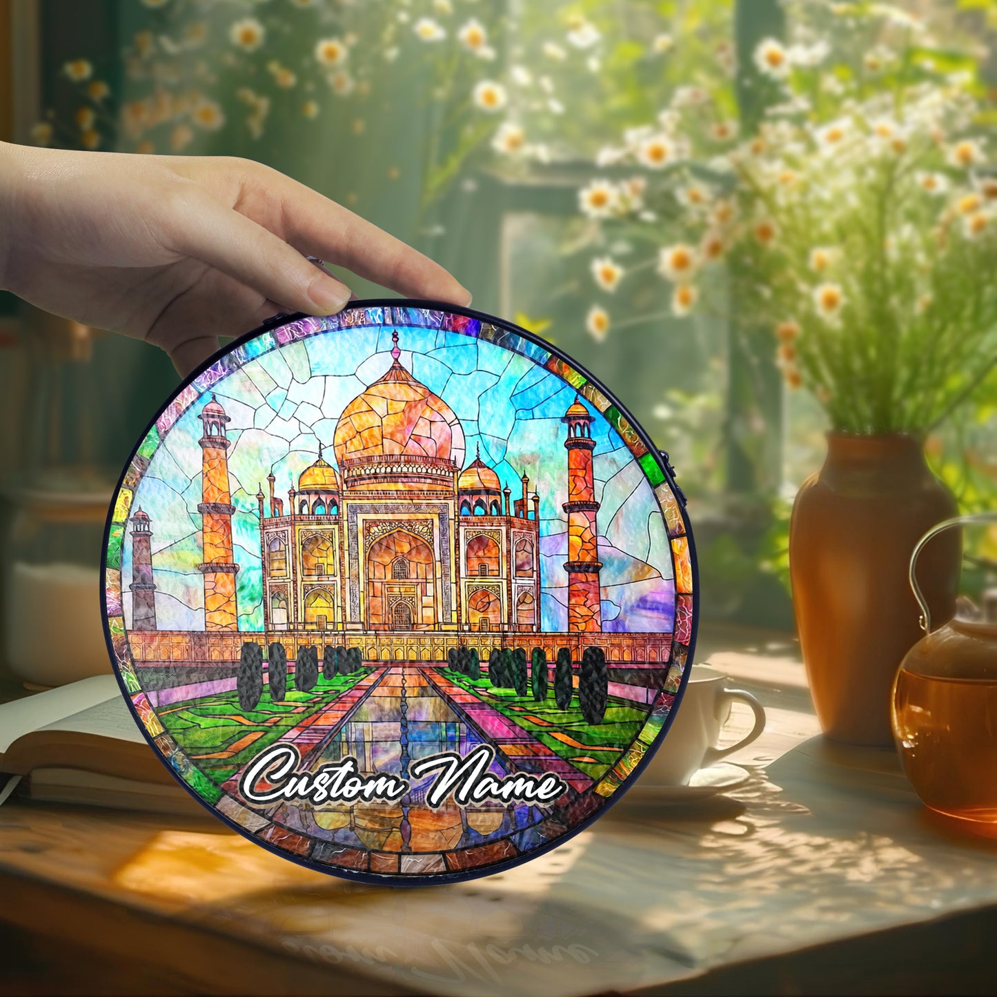 Netecom Personalized India Landmark Stained Glass Sun Catcher – Taj Mahal Inspired Window Ornament, Custom Travel Gift & Home Decor