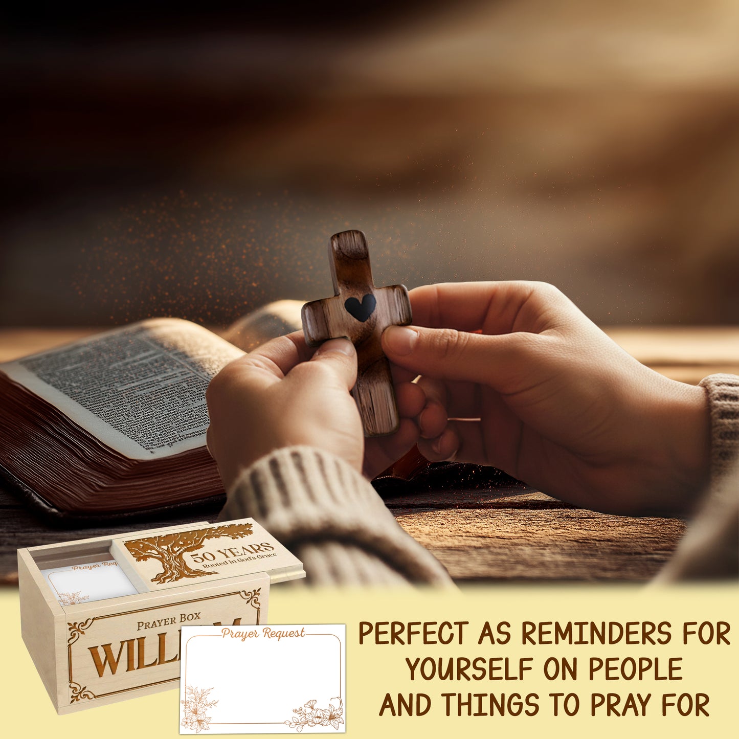 Netecom Personalized Birthday Prayer Box 50 Years with Custom Name, Christian Faith Gift with Wooden Cross & 100 Prayer Request Cards, Meaningful 50th Birthday Gift