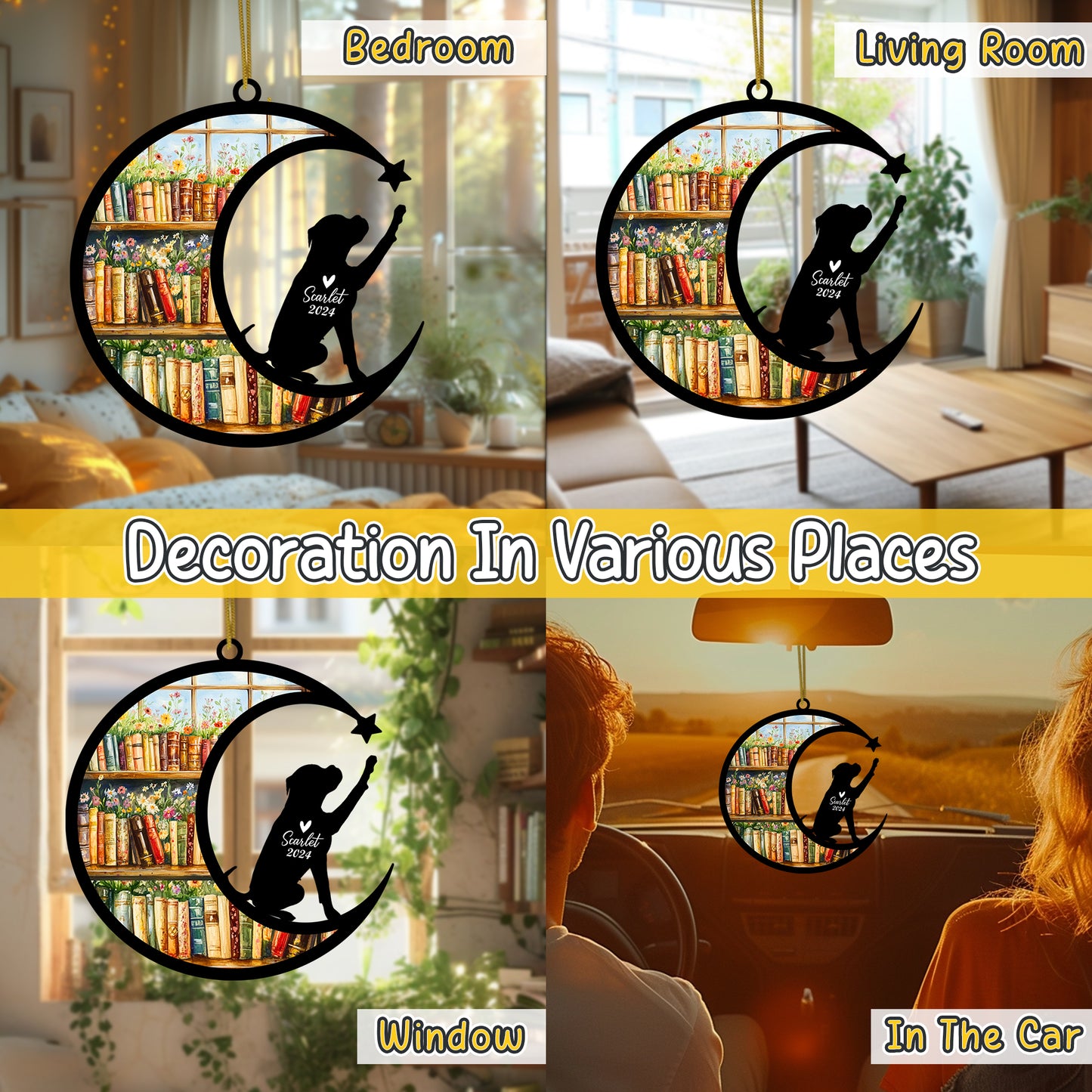 Netecom Personalized Boxer Suncatcher for Windows Hanging, Custom Dog Sun Catcher Ornament with Name Date, Unique Gifts for Book Lovers, Reader Teacher Librarian Bookworm