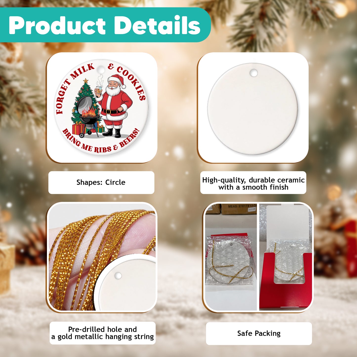 Netecom Funny Forget Milk & Cookies Bring Me Ribs and Beers Christmas Ornaments, Santa Claus Ceramic Ornament for Xmas Tree Hanging Decoration Gift, Gifts for Friends Family, Holiday Present