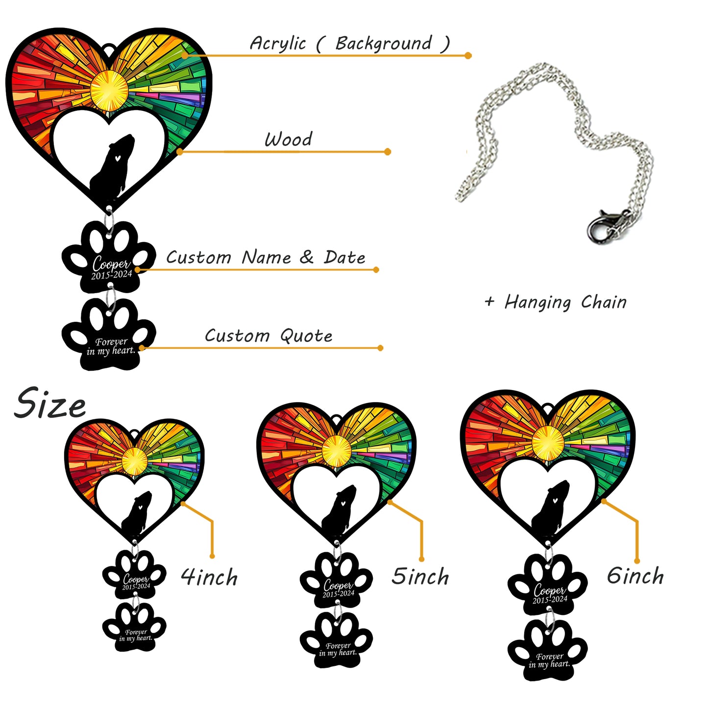 Netecom Personalized Guinea Pig Rainbow Heart Paw Memorial Suncatcher, Custom Pet Ornament with Name Date, Pet Loss Sympathy Gift, Pet Remembrance Keepsake