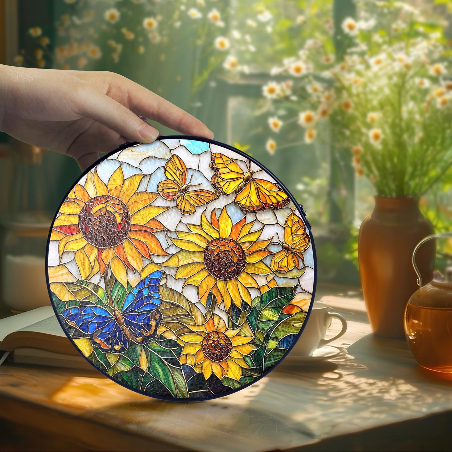 Netecom Sunflower and Butterfly Stained Glass Ornament – Personalized Floral Sun Catcher, Nature-Inspired Window Hanging