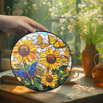 Netecom Sunflower and Butterfly Stained Glass Ornament – Personalized Floral Sun Catcher, Nature-Inspired Window Hanging