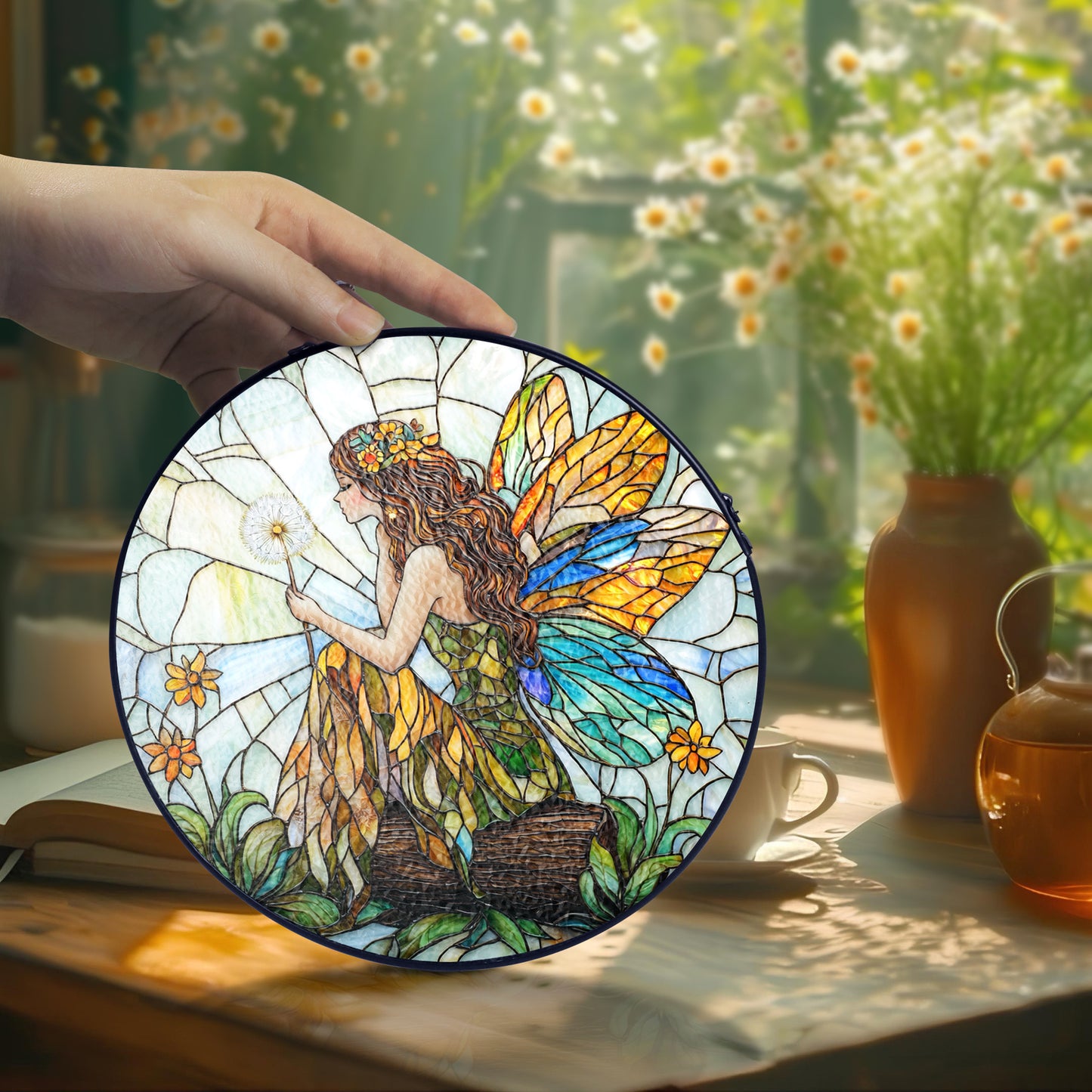 Netecom Fairy and Flowers Stained Glass Sun Catcher – Custom Magical Ornament, Personalized Window Hanging Décor