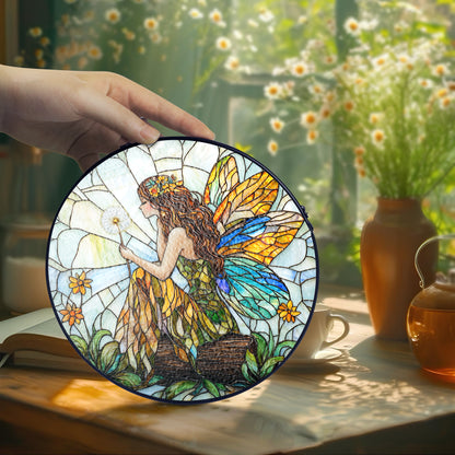 Netecom Fairy and Flowers Stained Glass Sun Catcher – Custom Magical Ornament, Personalized Window Hanging Décor