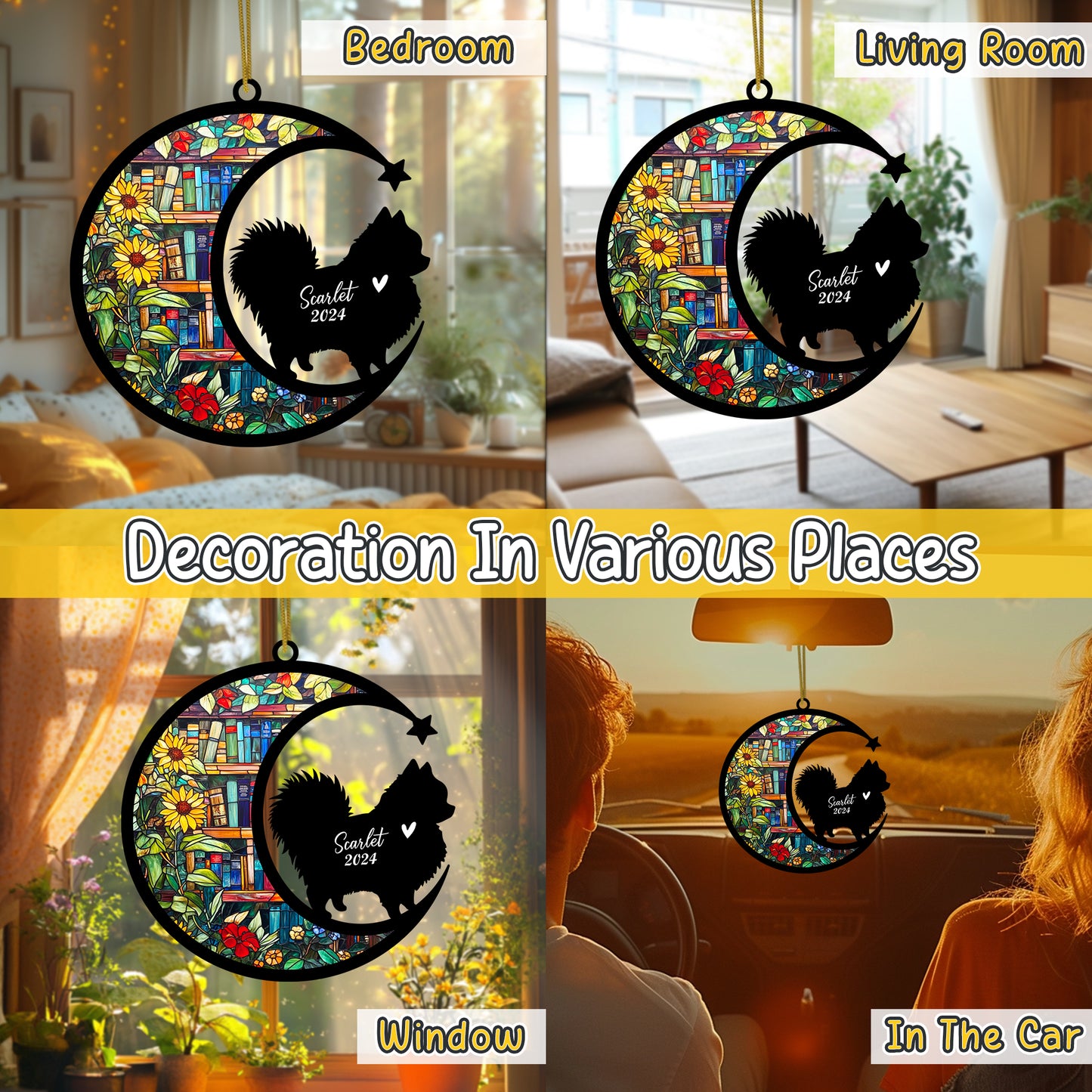 Netecom Personalized Pomeranian Suncatcher for Windows Hanging, Custom Pom Dog Sun Catcher Ornament with Name Date, Unique Gifts for Book Lovers, Reader Teacher Librarian Bookworm