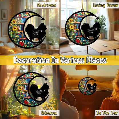 Netecom Personalized Pomeranian Suncatcher for Windows Hanging, Custom Pom Dog Sun Catcher Ornament with Name Date, Unique Gifts for Book Lovers, Reader Teacher Librarian Bookworm