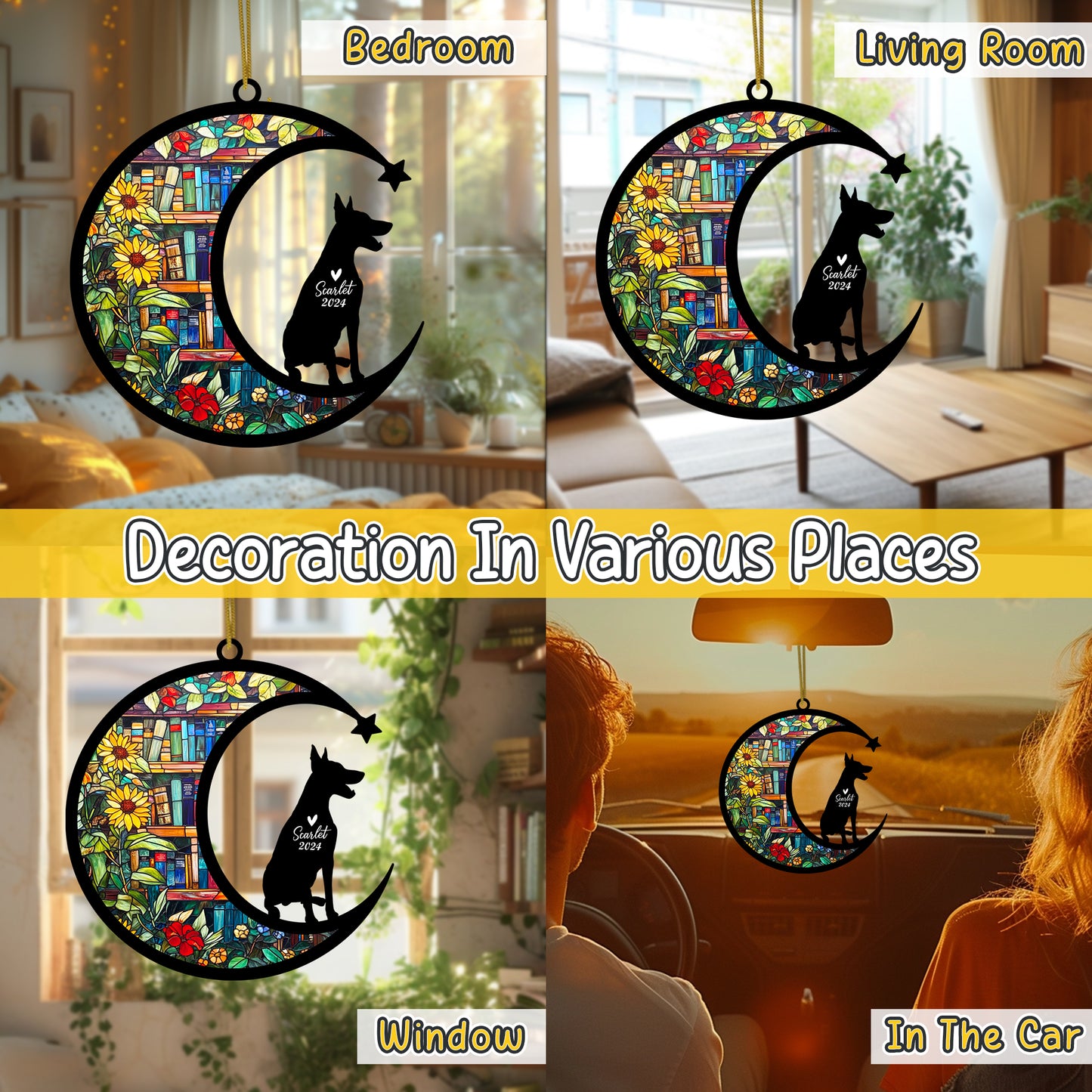 Netecom Personalized Doberman Suncatcher for Windows Hanging, Custom Dobie Dog Sun Catcher Ornament with Name Date, Unique Gifts for Book Lovers, Reader Teacher Librarian Bookworm