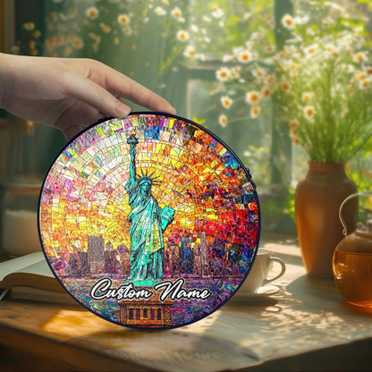 Netecom Personalized America Stained Glass Sun Catcher – Statue of Liberty Ornament, Patriotic Home & Office Décor Gift