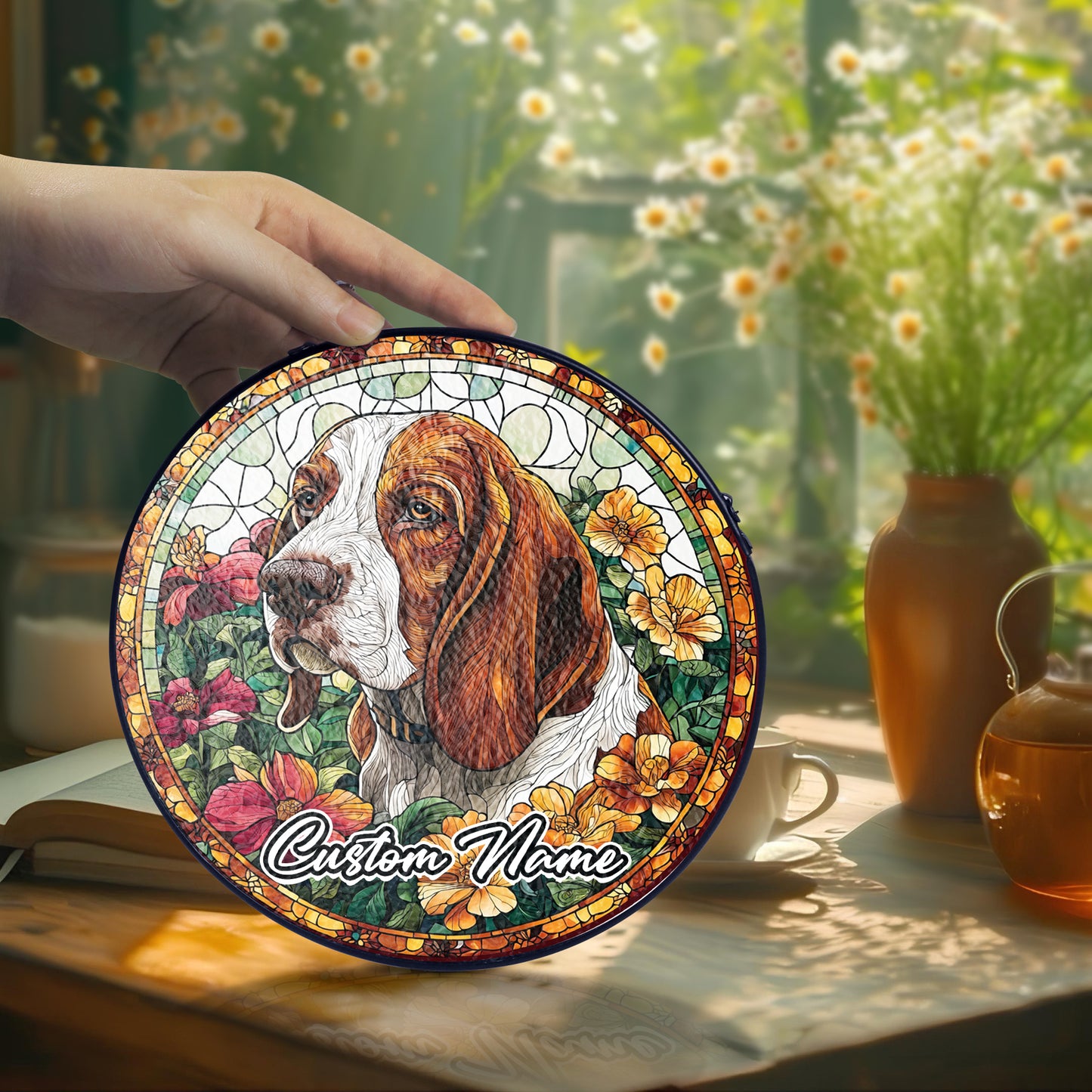 Netecom Custom Basset Hound Dog Stained Glass Ornament, Personalized Memorial Suncatcher, Pet Loss Sympathy Gift, Christmas Decoration