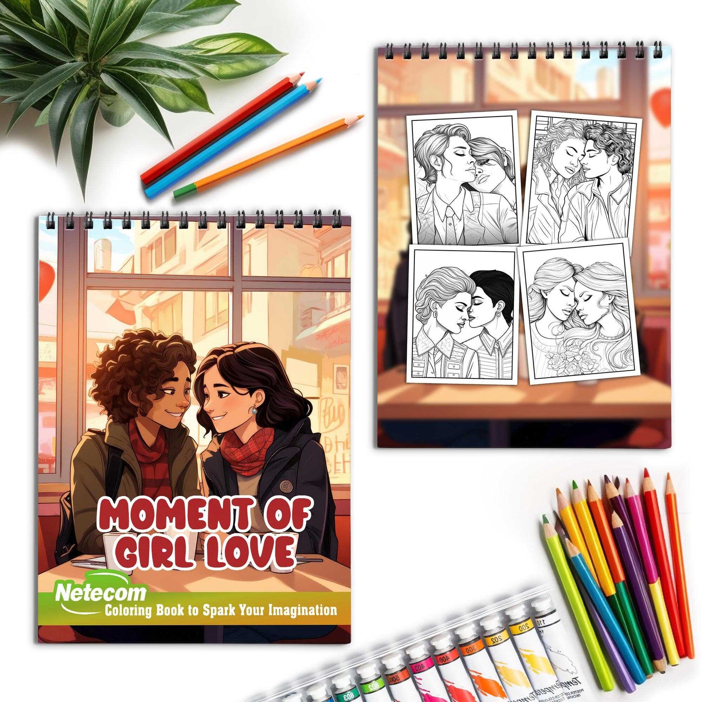 Moment of Girl Love Spiral Bound Coloring Book, Embrace the Beauty of Lesbian Love Stories with 30 Captivating Coloring Scenes of Tender and Loving Couples.