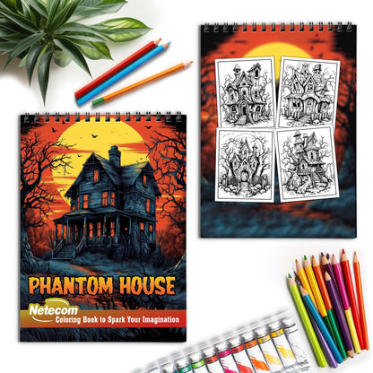 Phantom House Spiral Bound Coloring Book, Embrace the Chill of the Supernatural with 30 Enchanting Pages, Where Phantoms Lurk Around Every Corner.