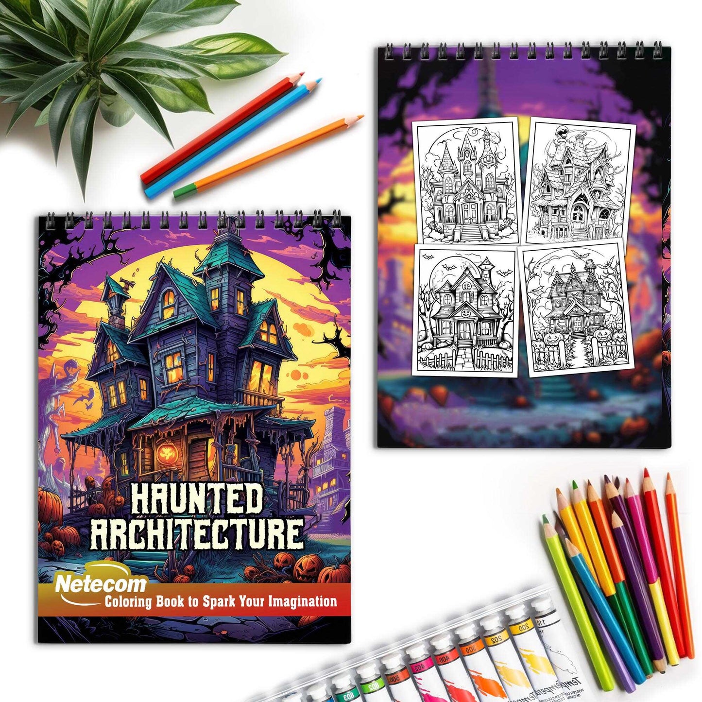 Haunted Architecture Spiral Bound Coloring Book, Embrace the Enigmatic Allure of 30 Enchanting Pages, Where Haunted Edifices Stand Tall.