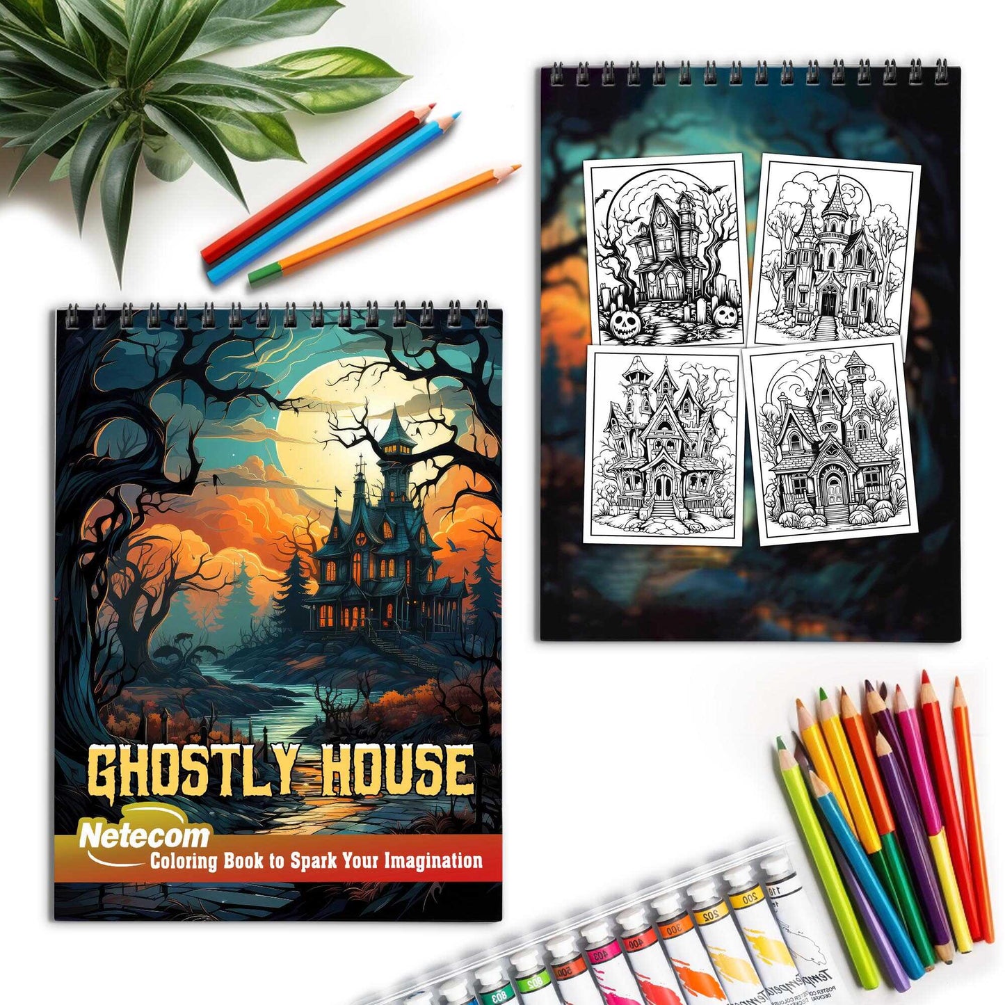 Ghostly House Spiral Bound Coloring Book, Unleash Your Creativity in a Spine-Tingling Setting with 30 Charming Pages of Eerie House Scenes.