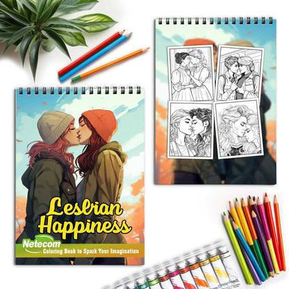 Lesbian Happiness Spiral Bound Coloring Book, Unleash Your Creativity with 30 Charming Pages Filled with Heartfelt Moments of Lesbian Romance and Contentment.