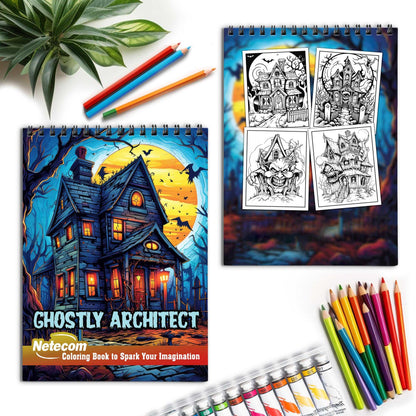 Ghostly Architect Spiral Bound Coloring Book, Celebrate the Spectral Beauty of Architecture with 30 Delightful Coloring Book Pages, Each Infused with Ghostly Magic.