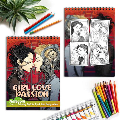 Girl Love Passion Spiral Bound Coloring Book, Celebrate the Fiery Romance of Lesbian Love Stories with 30 Captivating Coloring Scenes of Passionate Couples.