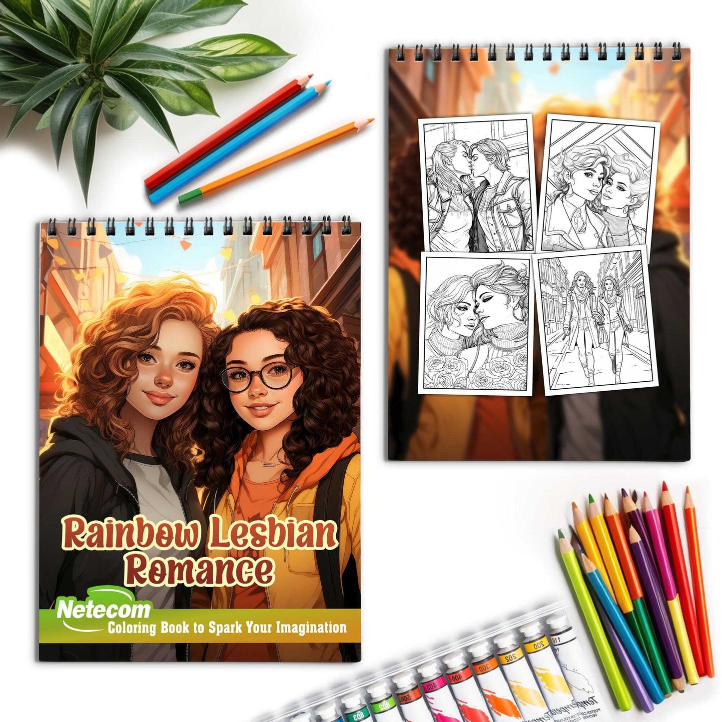 Rainbow Lesbian Romance Spiral Bound Coloring Book, Journey into a World of Expression with 30 Artistic Coloring Pages Inspired by the Deep Emotions of Loving LGBTQ+ Relationships.