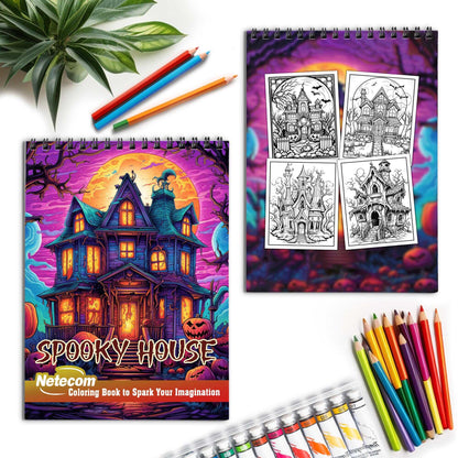 Spooky House Spiral Bound Coloring Book, Unleash Your Imagination in a Spine-Tingling Setting with 30 Charming Pages of Haunting House Scenes.