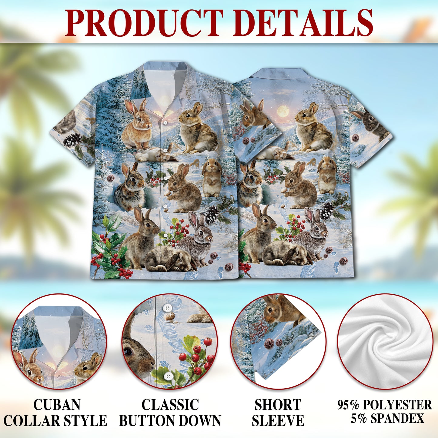 Netecom Rabbits in Snow Hawaiian Shirt for Men, Winter Bunny Holiday Button Down Summer Beach Short Sleeve Shirt