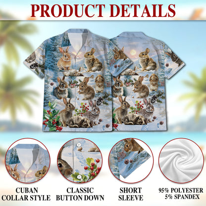 Netecom Rabbits in Snow Hawaiian Shirt for Men, Winter Bunny Holiday Button Down Summer Beach Short Sleeve Shirt