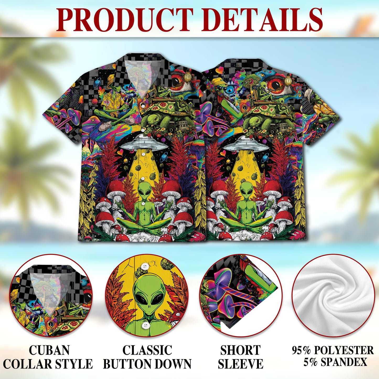 Netecom Hippie Mushroom Alien Hawaiian Shirt for Men Women, Tropical Button Down Summer Beach Short Sleeve Shirts