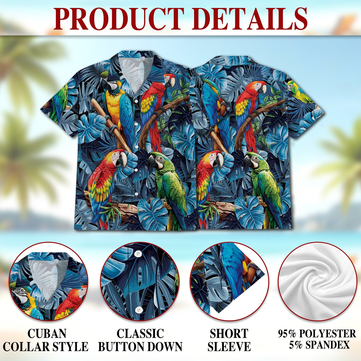 Netecom Colorful Parrot Hawaiian Shirt for Men Women, Bird Lover Gifts, Tropical Animal Button Down Summer Beach Shirts