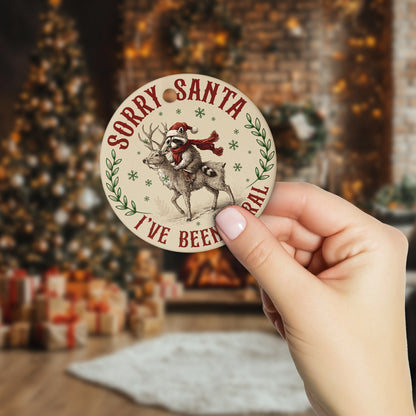 Netecom Funny Raccoon Riding Reindeer Christmas Ornament, Sorry Santa I've been Feral Ceramic Ornament for Xmas Tree Hanging Decorations Gift, Raccoon Lover Gifts, Holiday Party Present