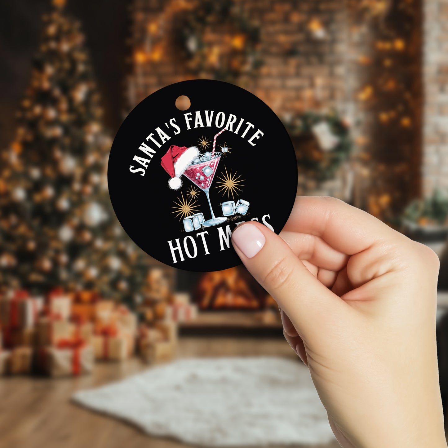 Netecom Funny Cocktail with Santa Hat Christmas Ornament, Santa's Favorite Hot Mess Ceramic Ornament for Xmas Tree Hanging Decorations Gift, Gifts for Friends & Family, Holiday Party Present