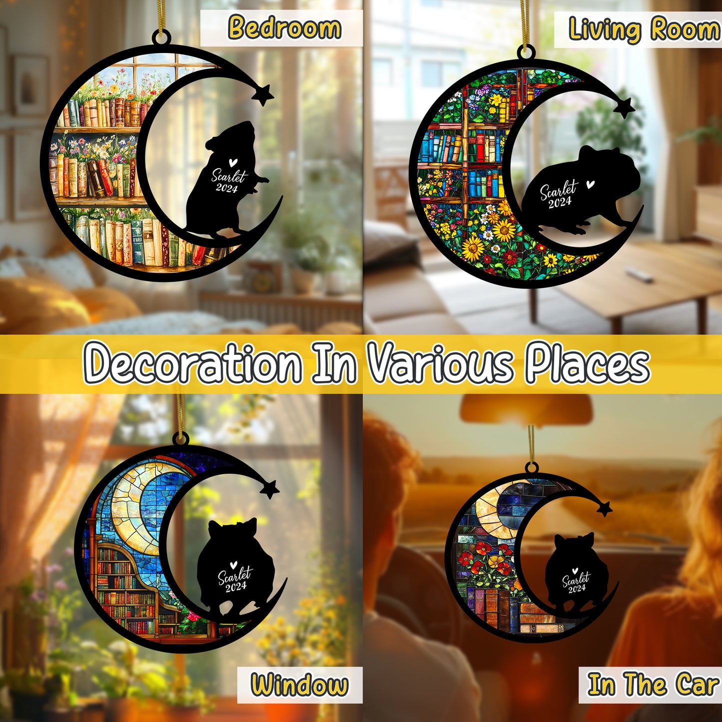 Netecom Personalized Hamster Suncatcher for Windows Hanging, Custom Pet Sun Catcher Ornament with Name Date, Unique Gifts for Book Lovers, Reader Teacher Librarian Bookworm
