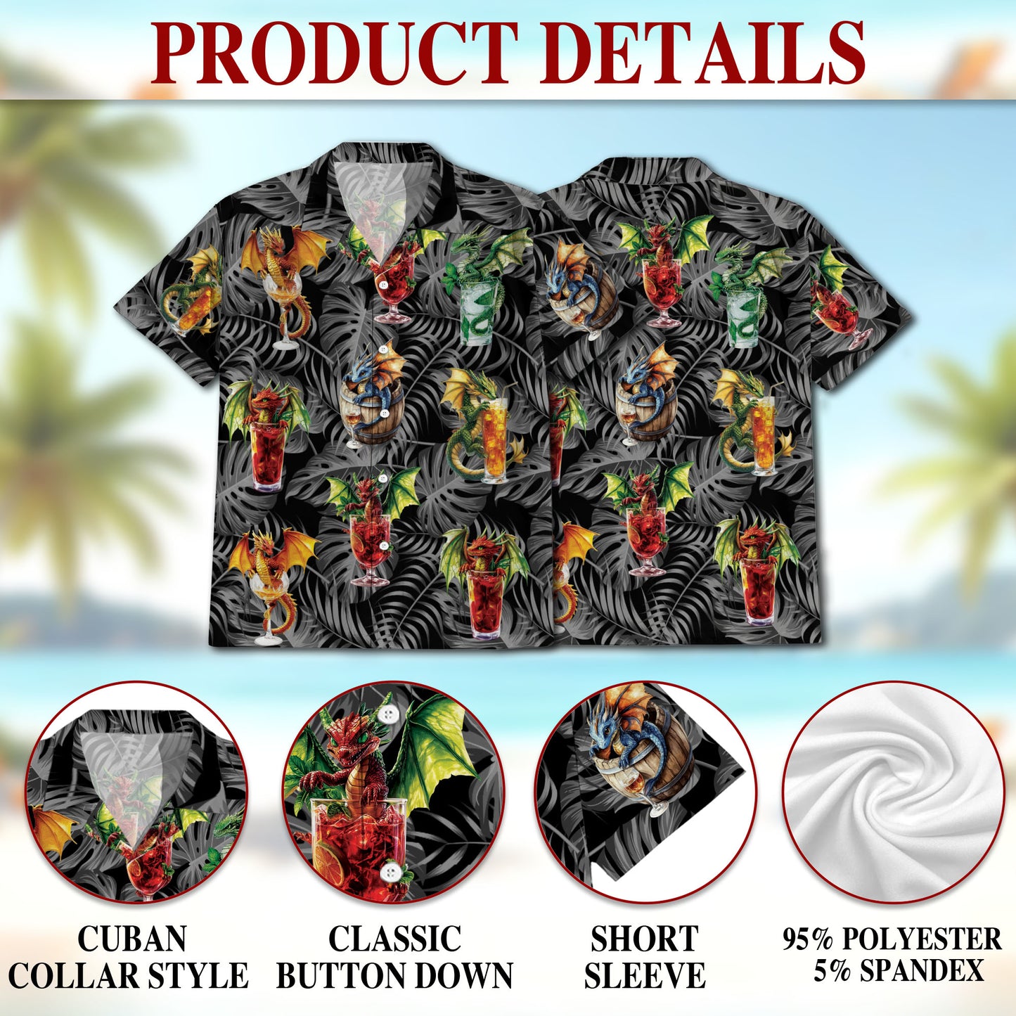 Netecom Matching Dragon Cocktail Hawaiian Shirt for Dog and Owner, Tropical Aloha Summer Shirt, Dragon Drink Print Button Down Outfit for Pet and Human, Beach Vacation Casual Wear
