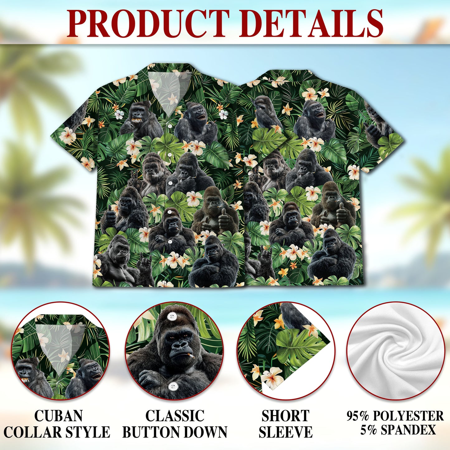 Netecom Funny Gorilla Smoking Hawaiian Shirt, Monkey Lover Gifts, Tropical Animal Button Down Summer Beach Shirts