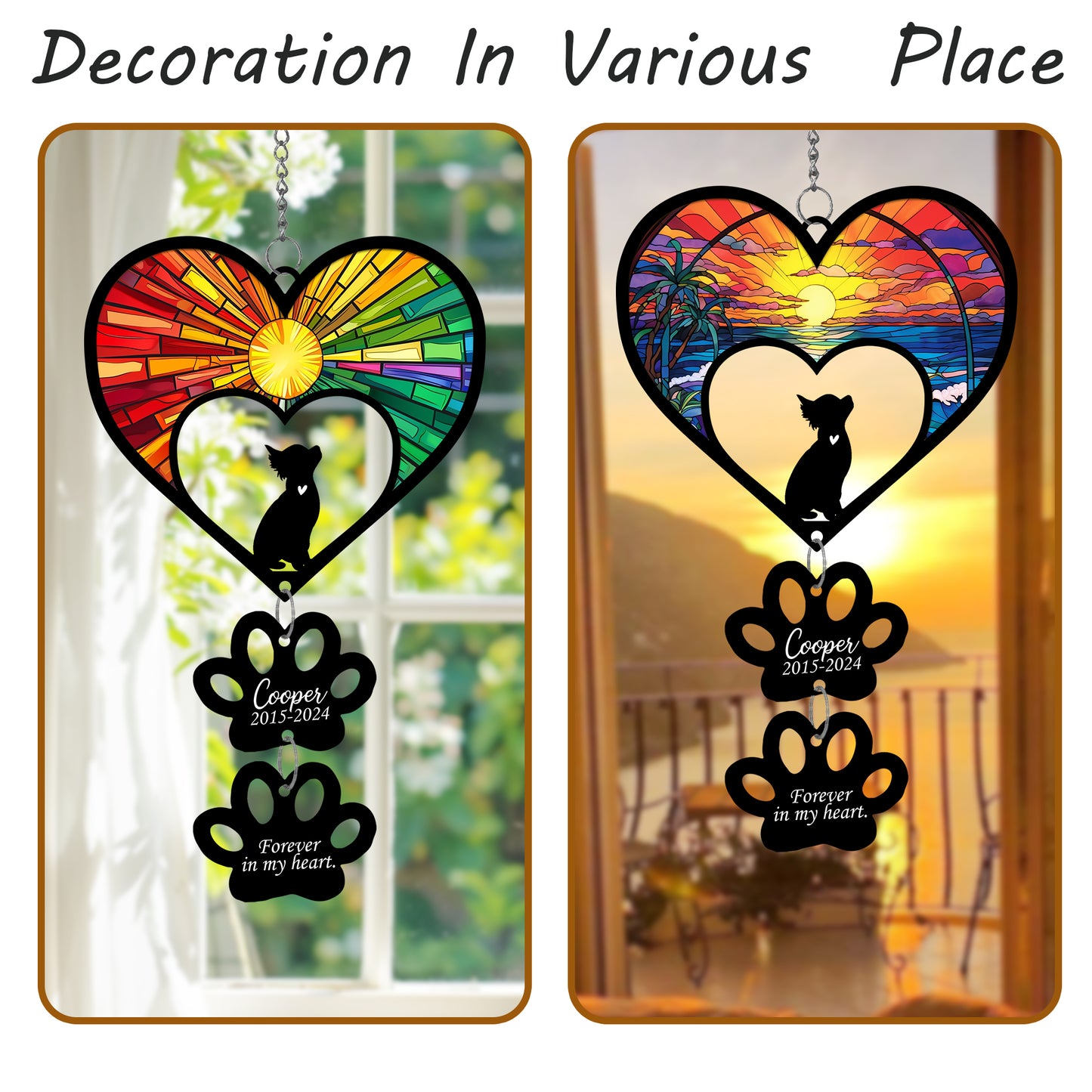 Netecom Personalized Chihuahua Rainbow Heart Paw Memorial Suncatcher, Custom Dog Ornament with Name Date, Dog Loss Sympathy Gift, Pet Remembrance Keepsake