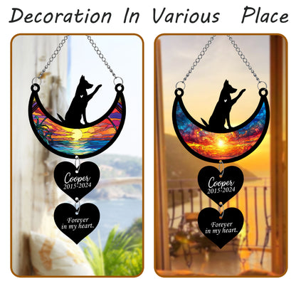 Netecom Personalized German Shepherd Moon Heart Memorial Suncatcher, Custom German Shepherd Ornament with Name Date, Dog Loss Sympathy Gift, Pet Remembrance Keepsake