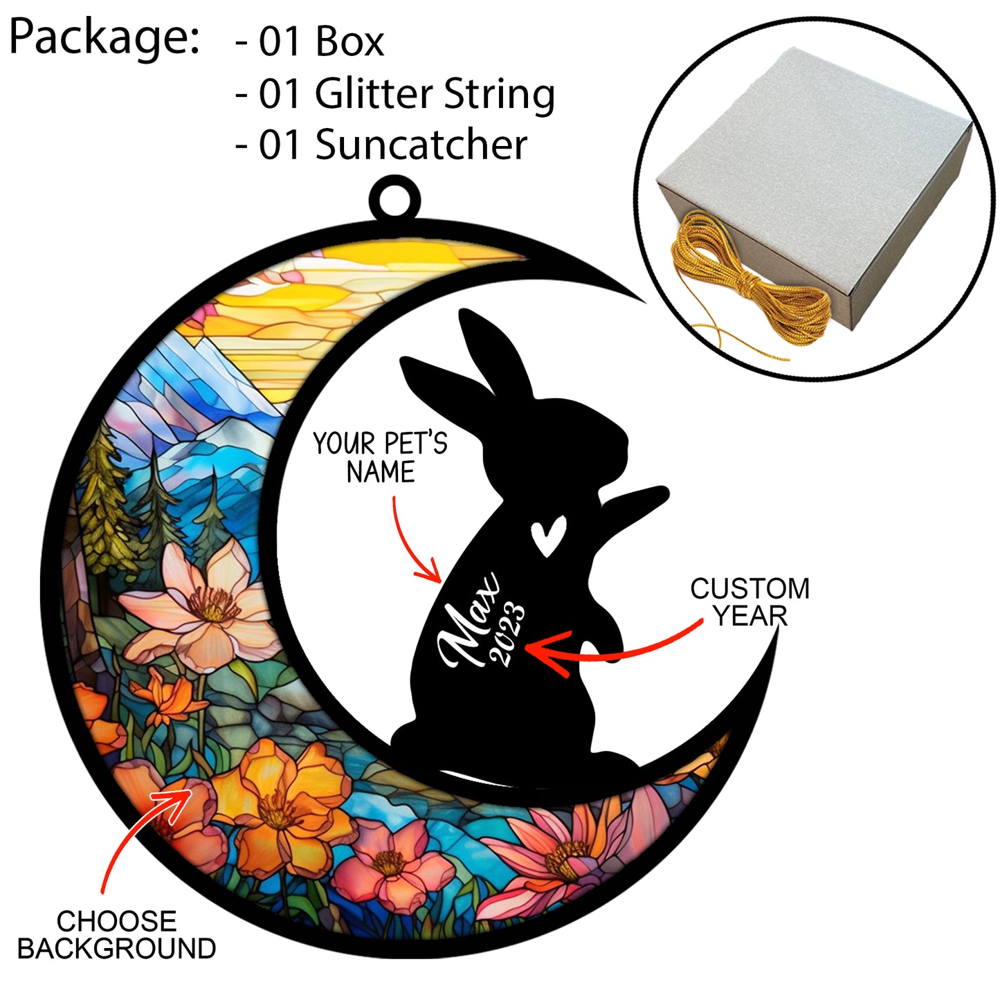 Netecom Custom Rabbit Memorial Suncatcher, Bereavement Gift for Rabbit Christmas Ornament with Name, Pet Loss Gifts for Bunny Lovers, Loss of Rabbit Sympathy Gift, Rabbit Lover Gifts, Grief Gift