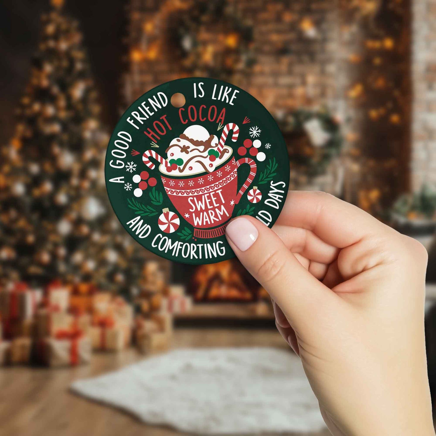 Netecom Funny Best Friend Christmas Ornament, A Good Friend is Like Hot Cocoa Ceramic Ornament for Xmas Tree Hanging Decorations Gift, Friendship Gifts for Men Women, Holiday Party Present