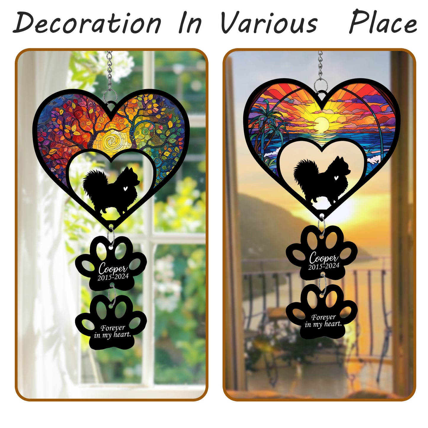 Netecom Personalized Pomeranian Rainbow Heart Paw Memorial Suncatcher, Custom Dog Ornament with Name Date, Pet Loss Sympathy Gift, Dog Remembrance Keepsake