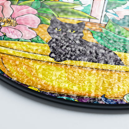 Netecom Black Cat in Bathtub Stained Glass Suncatcher, Vibrant Tropical Window Hanging Decor, Artistic Home Accent, Lovely Gift for Cat Lovers and Holiday Season