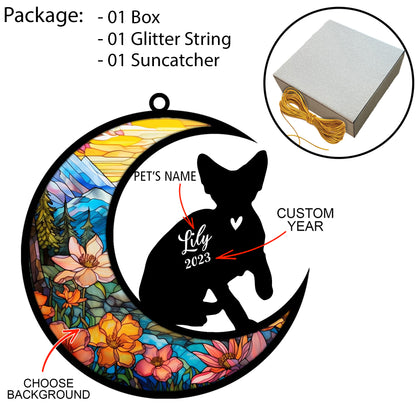 Netecom Personalized Devon Rex Cat On Moon Suncatcher - Custom with Name & Date - Pet Loss Light Catcher - Gifts for Cat Lovers - Christmas Cat Ornament for Window Hangings