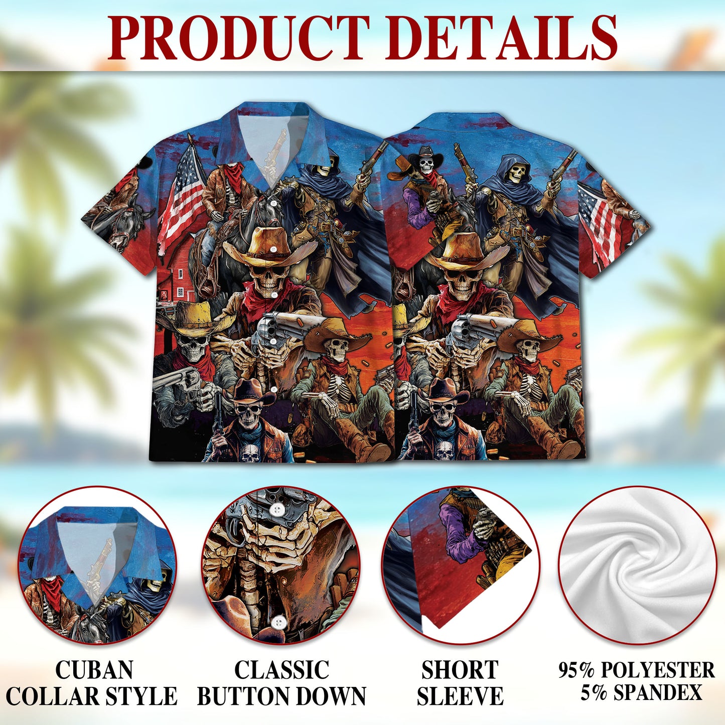 Netecom Western Cowboy Skeleton Hawaiian Shirt for Men, American Flag Button Down Summer Beach Short Sleeve Shirts