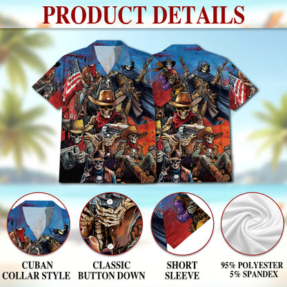 Netecom Western Cowboy Skeleton Hawaiian Shirt for Men, American Flag Button Down Summer Beach Short Sleeve Shirts