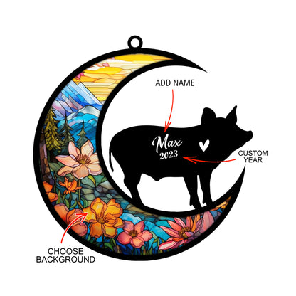 Netecom Personalized Pig Memorial Suncatcher, Pet Loss Suncatcher, Bereavement Pig Loss Gift, Custom Pig Suncatcher with Name Date, Gifts for Pig Lovers Hanging Ornaments for Xmas, Car, Window