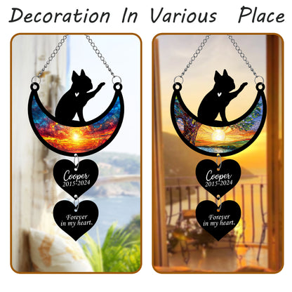 Netecom Personalized Boston Terrier Moon Heart Memorial Suncatcher, Custom Boston Terrier Ornament with Name Date, Dog Loss Sympathy Gift, Pet Remembrance Keepsake