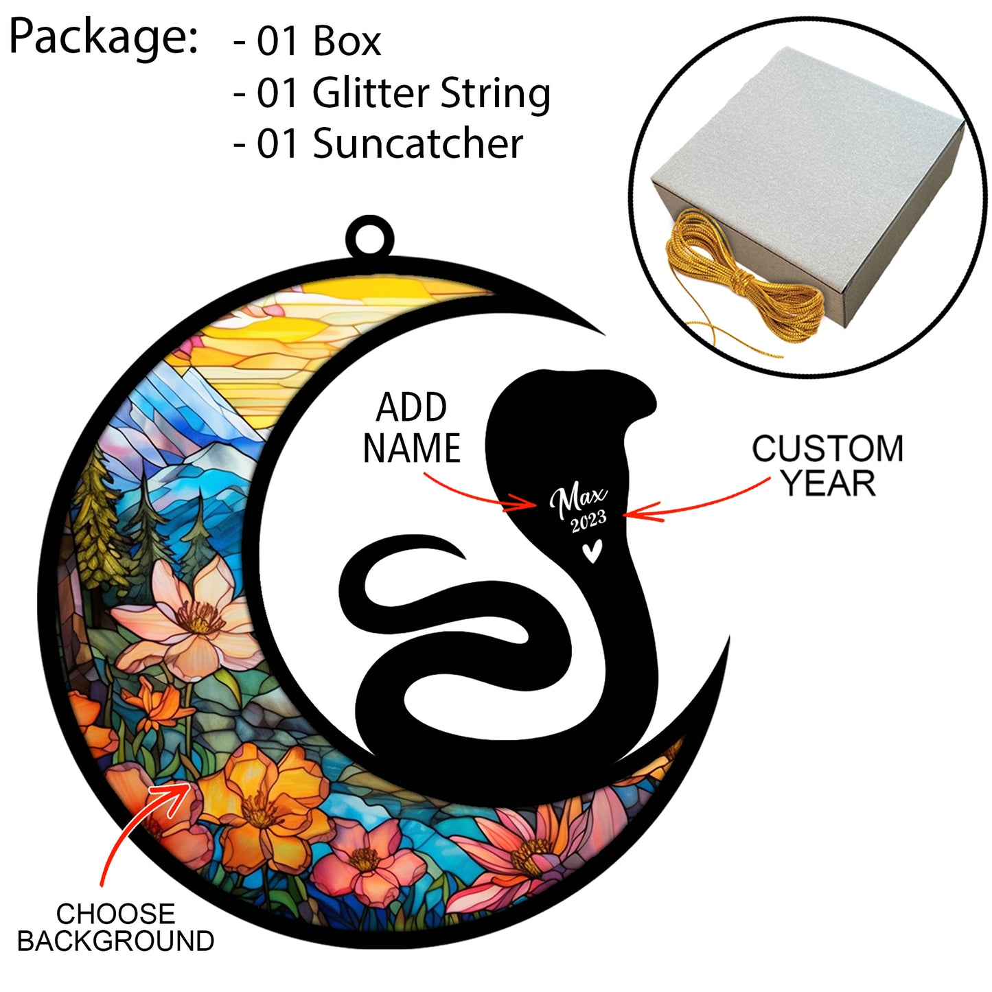 Netecom Personalized Snake Memorial Suncatcher, Pet Loss Suncatcher, Bereavement Snake Loss Gift, Custom Snake with Name Date, Gifts for Snake Lovers, Hanging Ornaments for Car, Window