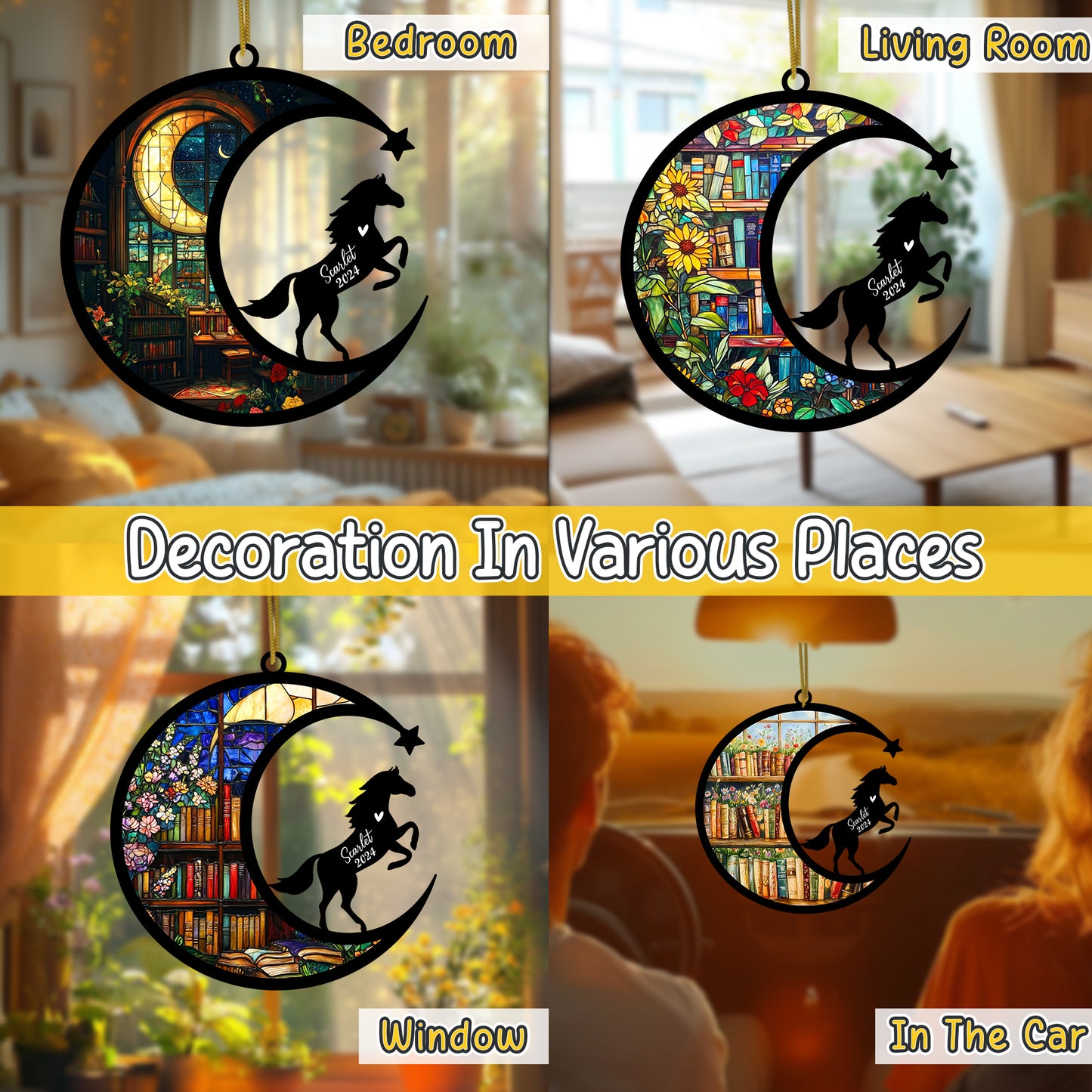 Netecom Personalized Horse Suncatcher for Windows Hanging, Custom Horse Sun Catcher Ornament with Name Date, Unique Gifts for Book Lovers, Reader Teacher Librarian Bookworm