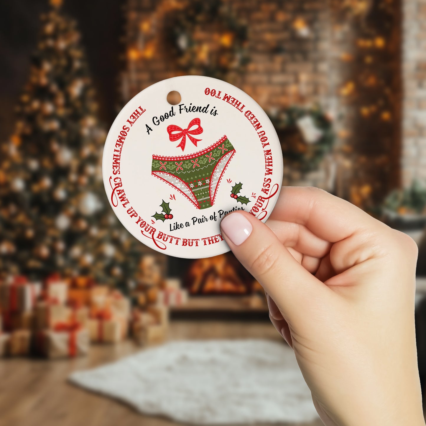Netecom Funny Best Friend Ornament for Women, A Good Friend is Like a Pair of Panties Ceramic Ornament for Christmas Tree Hanging Decorations Gift, Besties Friendship Gifts, Holiday Present