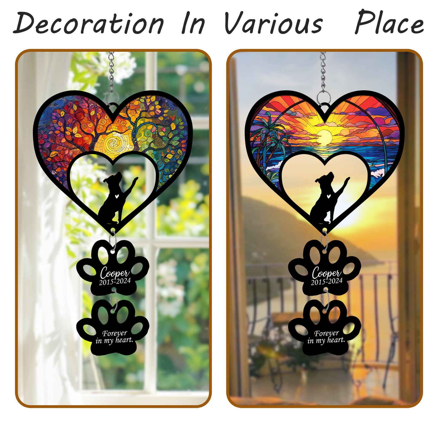 Netecom Personalized Pitbull Rainbow Heart Paw Memorial Suncatcher, Custom Dog Ornament with Name Date, Pet Loss Sympathy Gift, Dog Memorial Keepsake