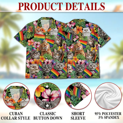 Netecom LGBT Pride Cat Hawaiian Shirt for Women, Cat Lover Gifts, Rainbow Flag Floral Button Down Summer Beach Shirts